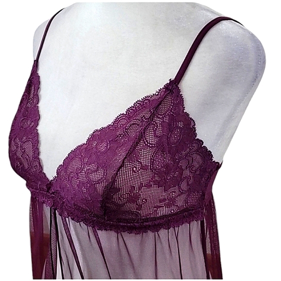 Victoria's Secret Nightie Purple Sheer Tulle Flyaway Front Cutout Back Lace Trim - Picture 8 of 10
